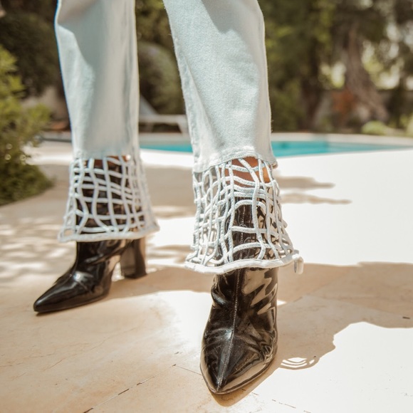 Vintage Denim - 1990s Vintage Baby Blue Fishnet Denim Bell Bottoms